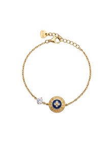 Pulseira Medalhão Azul e Ponto de Luz Dourada